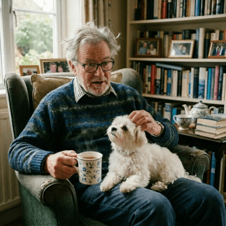 Elderly man sitting in armchair with a small white dog wearing a red bow tie on his lap, holding a teacup.